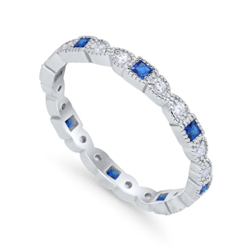 Eternity Bands Wedding Ring Simulated Blue Sapphire CZ 925 Sterling Silver